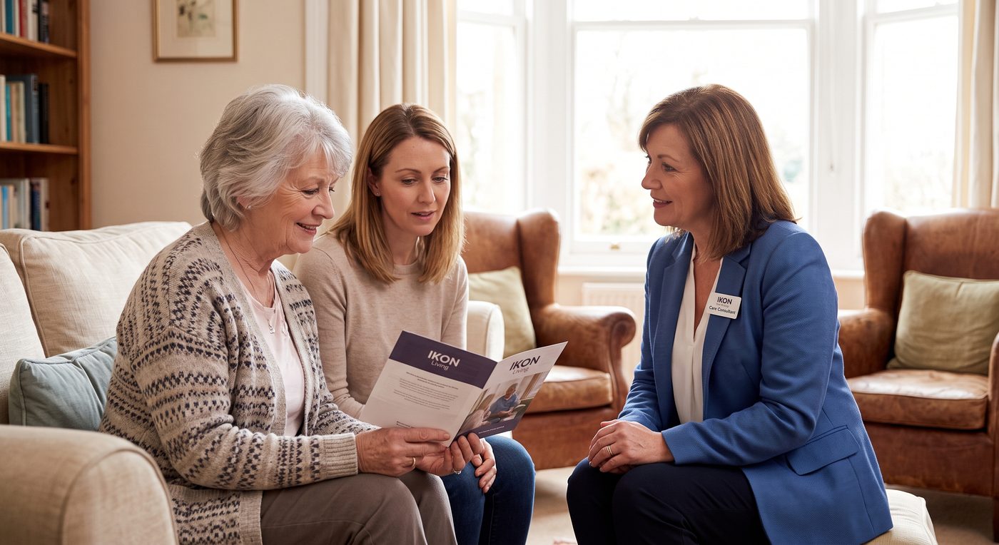 An IKON Living care consultant talking through options with a client and her daughter